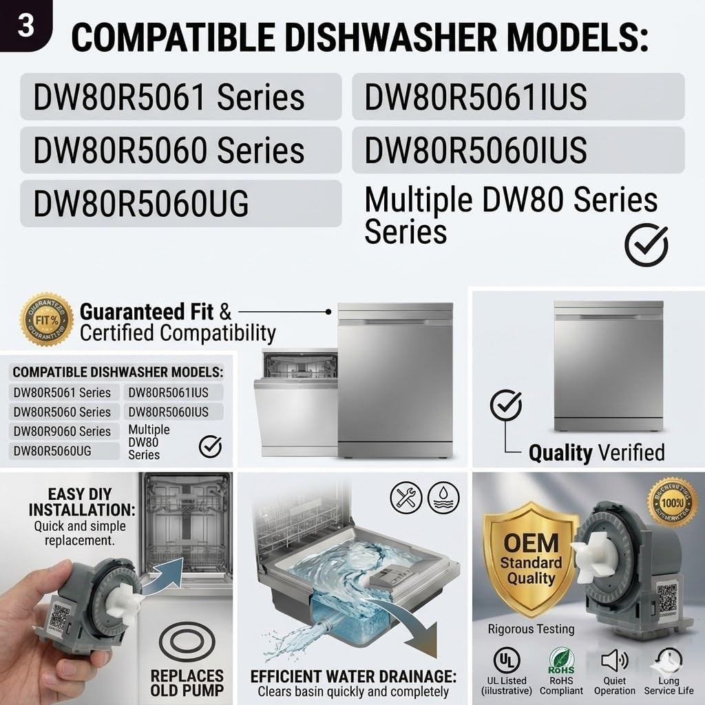 DD81-01527A Dishwasher Drain Pump Replacement – OEM Compatible with DW80R5061, DW80R5060 Series