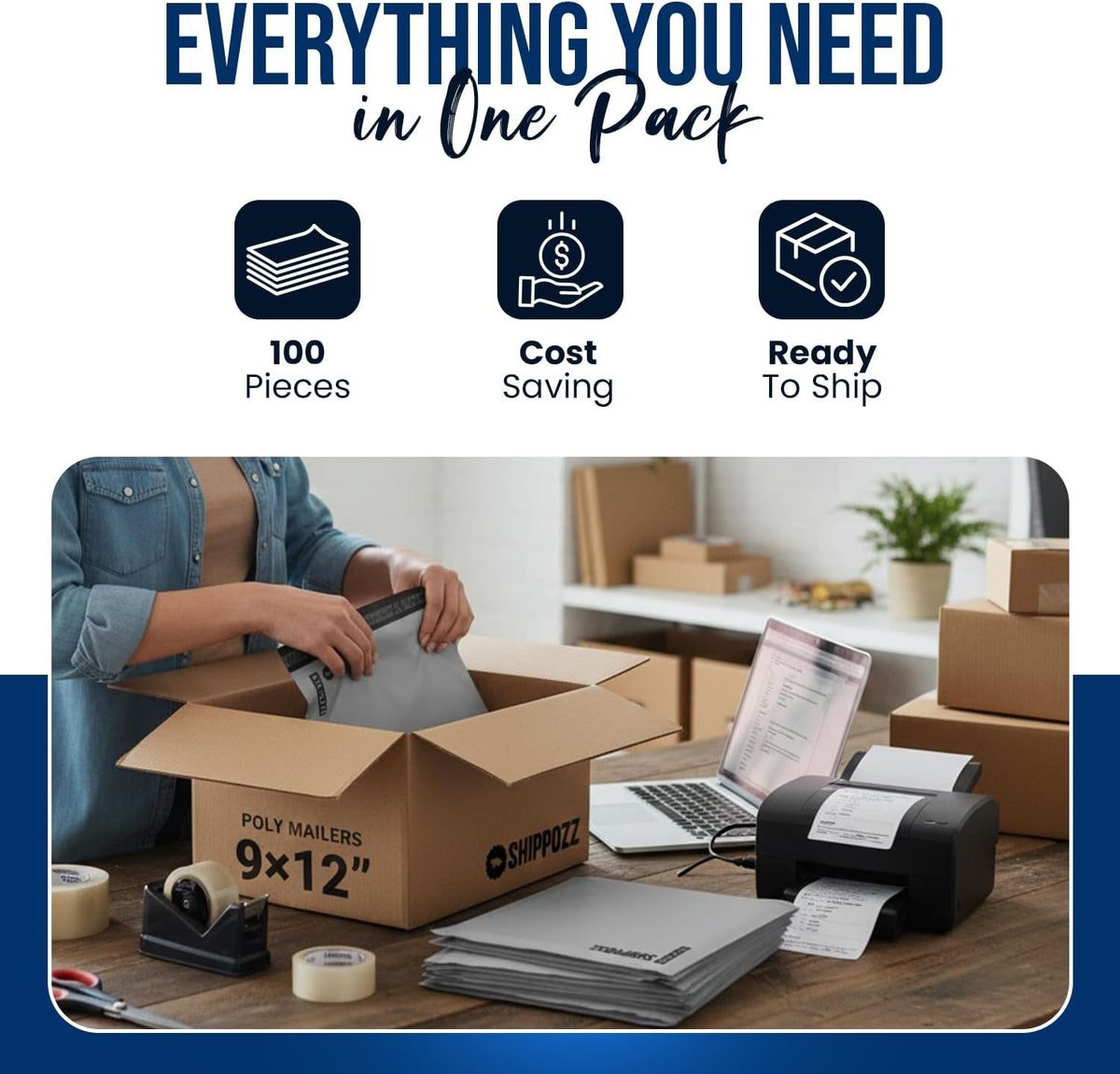 9x12 Poly Mailers 100 Pack, Durable Waterproof Polymailers for Shipping Clothes, Self Seal Mailing Bags for Small