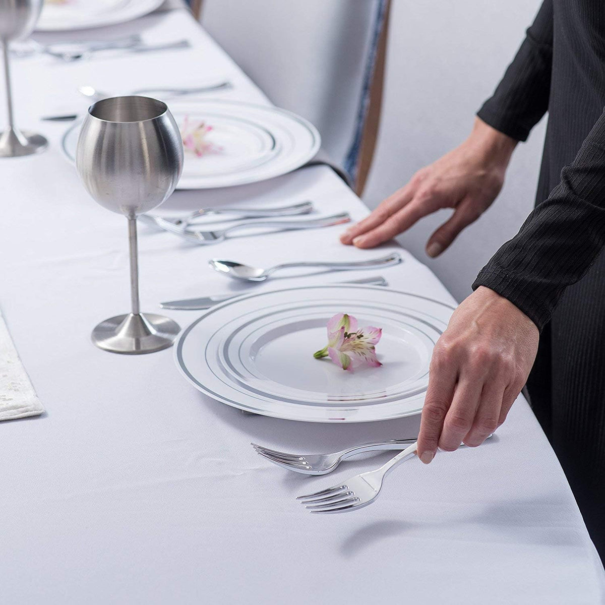 125-Piece White and Silver Fancy Plastic Plates Disposable with Silverware, Elegant Dinnerware for Weddings, Holiday