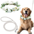 2 Pcs Dog Wedding Flower Collar and Pearl Leash, White,Medium