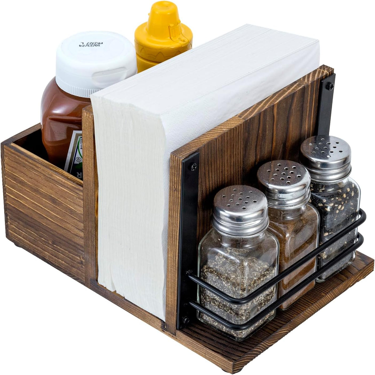 Napkin Holder for Table Rustic Burnt Solid Wood Tabletop Napkin Holder and Condiment Server Dining Caddy with 3 Salt