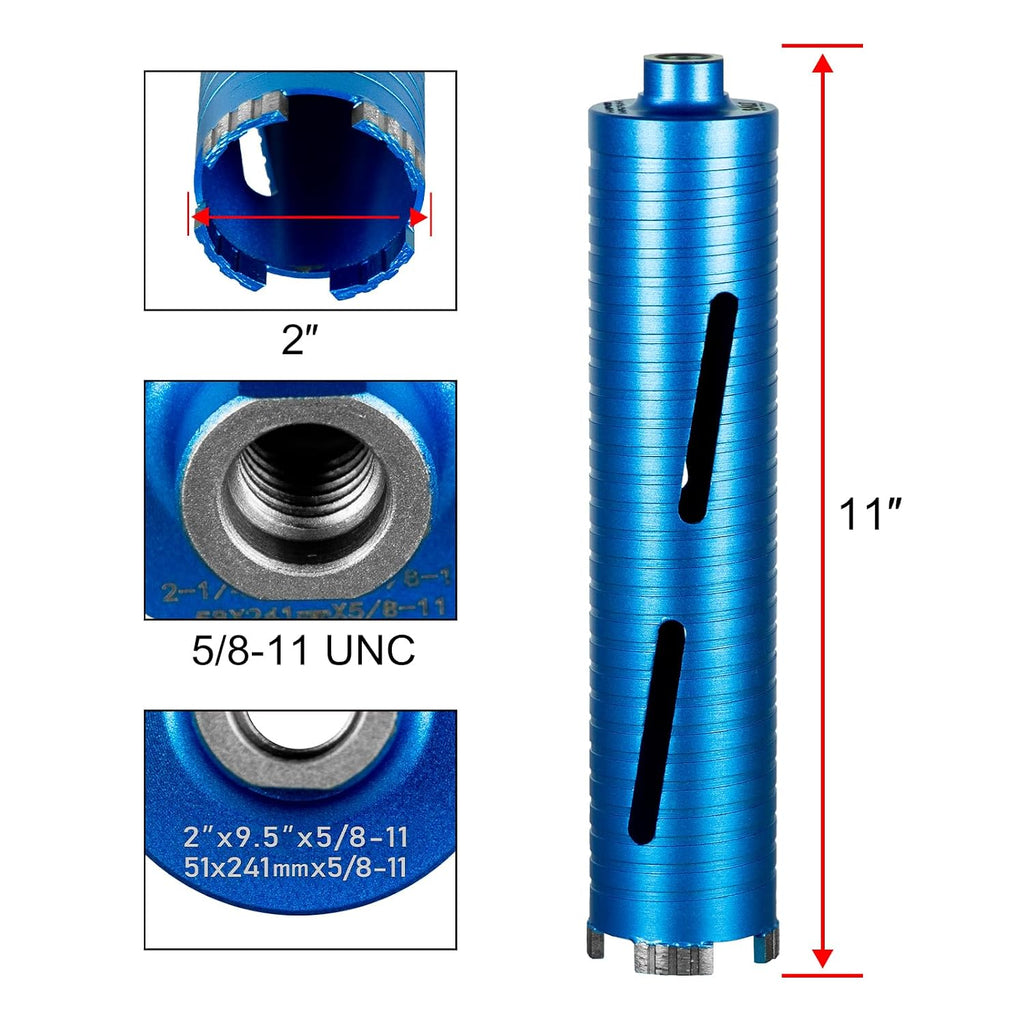 Diamond Core Drill Bits 2" Diameter 10"/254mm Drilling Depth 5/8-11" Thread Core Bit Turbo Laser-Welded Segments for