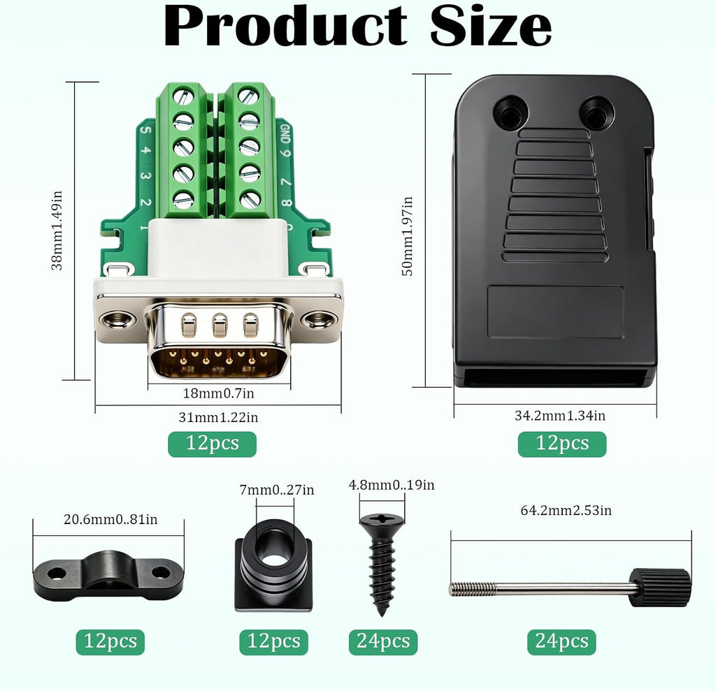12PCS DB9 Male Solderless 9 Pin Breakout Connector