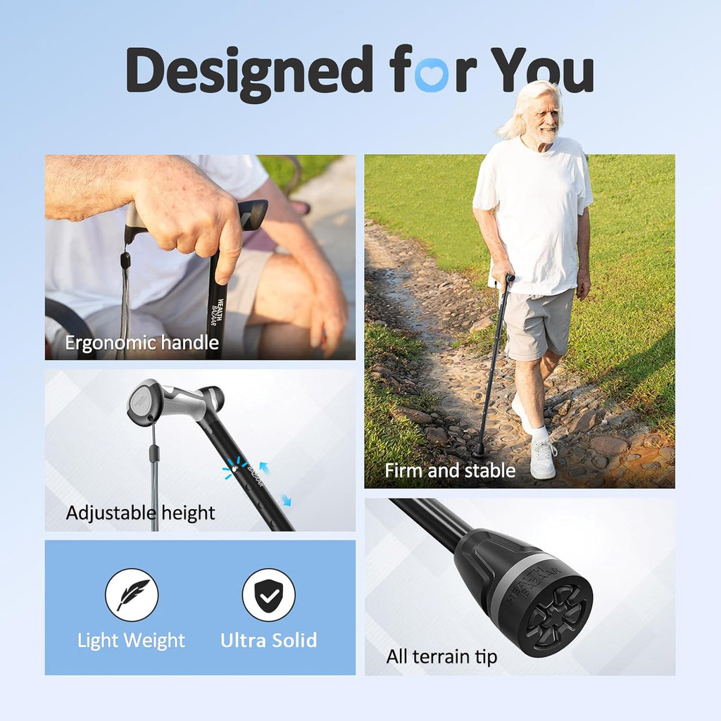 Walking Cane for Men & Women, Foldable Cane with Shock Absorption - Adjustable, Lightweight Collapsible Walking Stick