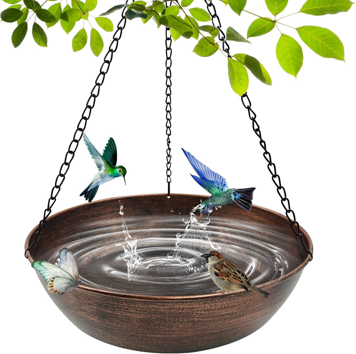 13" Metal Hanging Bird Bath with Chains and Hook