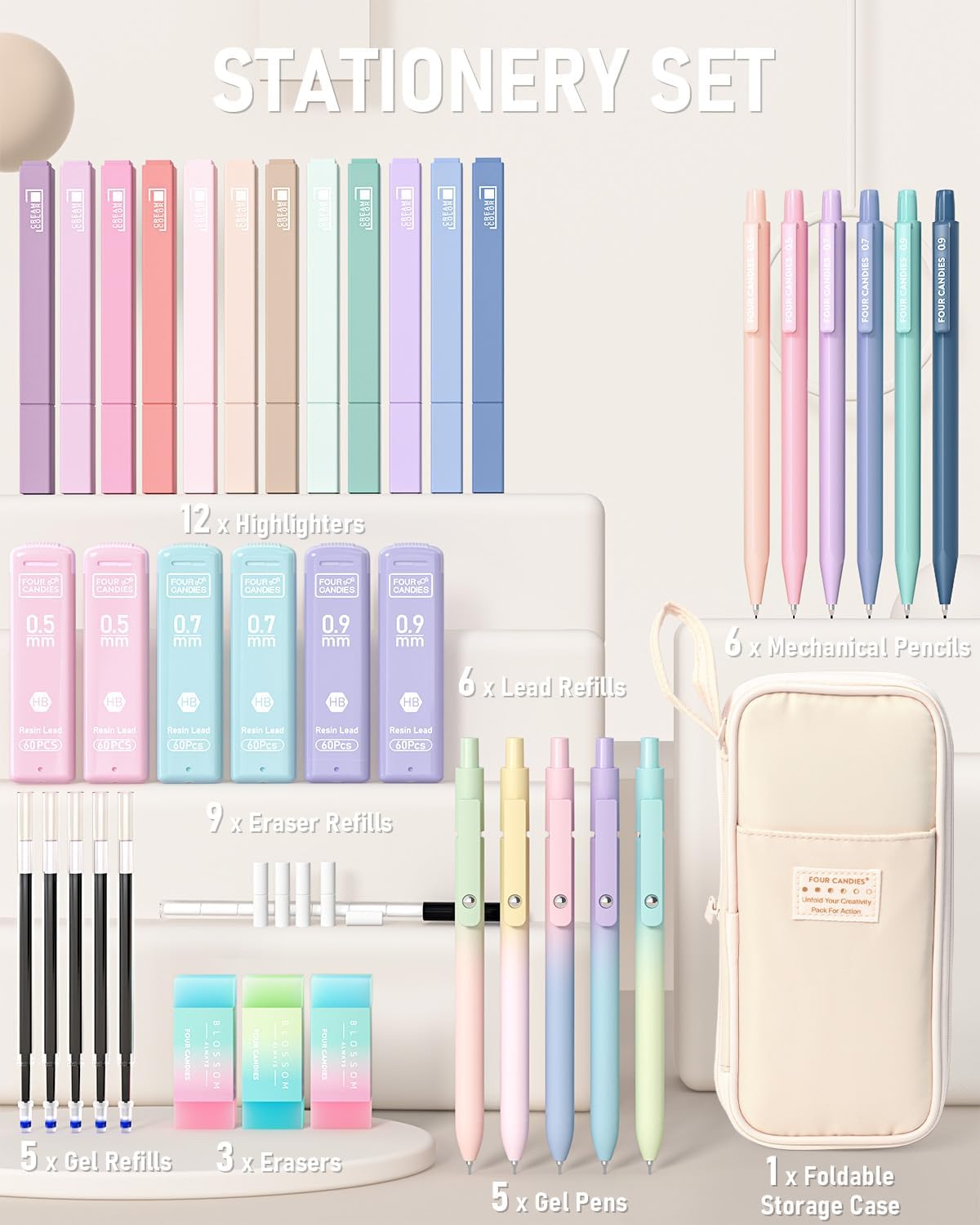 School Supplies with Cute Pen Case, 39ct, Cream | Back to School Stationery Set, Essentials for College & Nursing