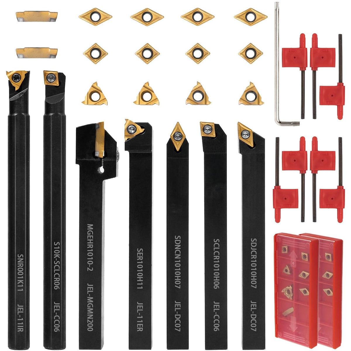 21Pcs Indexable Lathe Turning Tool Kit,3/8" 10mm Shank and Carbide Inserts