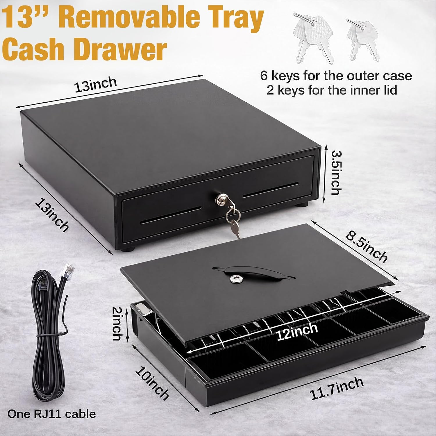13 Inch Cash Register Drawer with Lockable Cover & Removable Tray, Heavy Duty POS Cash Drawer for Small Business, 4