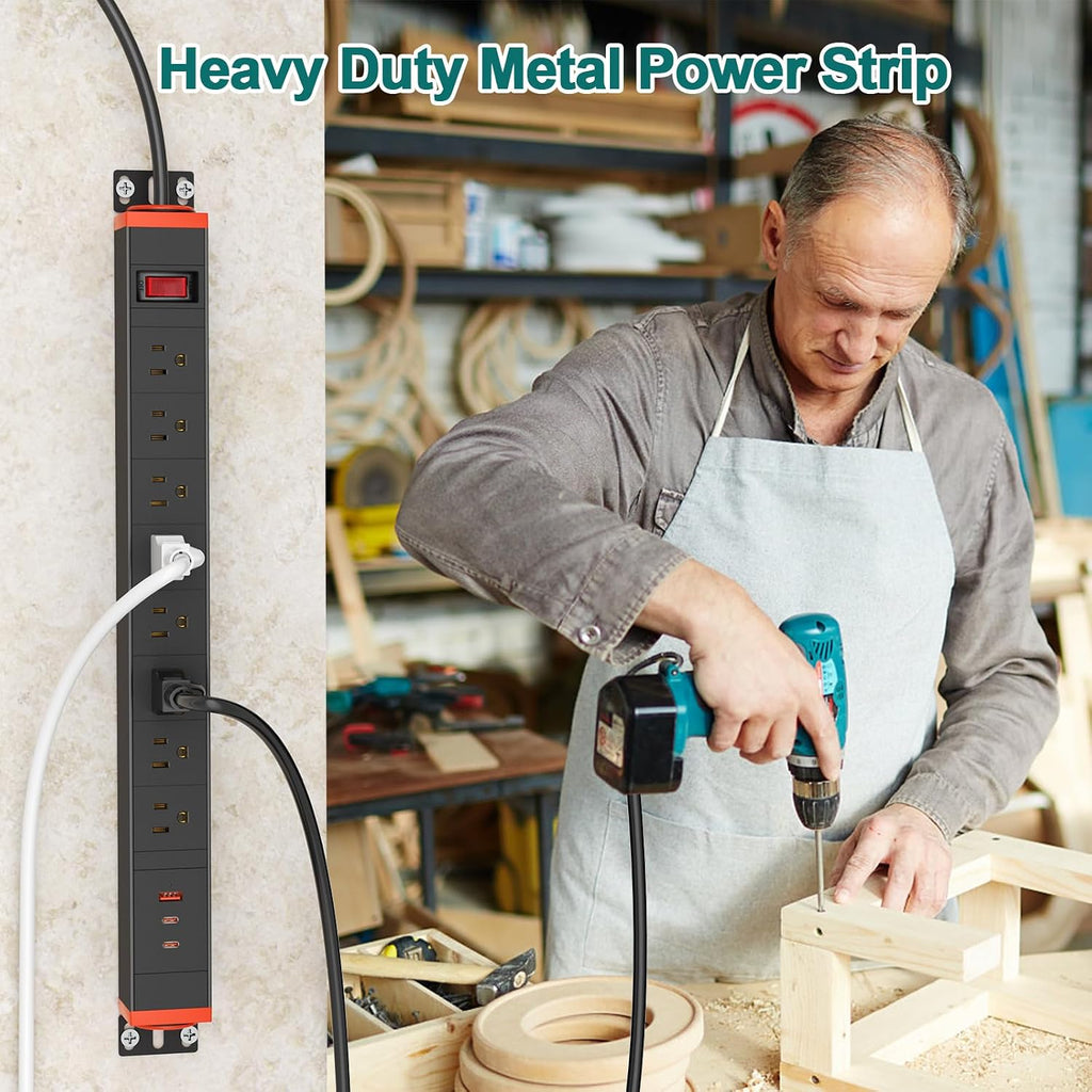QBA 8 Outlet Metal Power Strip with USB-C 20W, Rack Mount USB Power with 360° Rotating Brackets, Wall Mount Power Strip for Home Office Garage Workshop