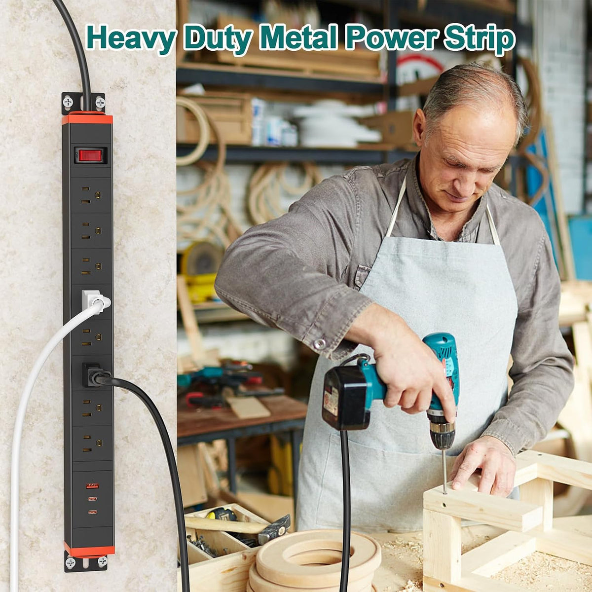 QBA 8 Outlet Metal Power Strip with USB-C 20W, Rack Mount USB Power with 360° Rotating Brackets, Wall Mount Power Strip for Home Office Garage Workshop