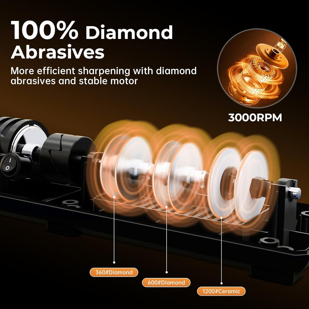 Kitchen Professional Electric Knife Sharpener: 3-Stage 100% Diamond Abrasives Knife Sharpeners with 15° Precision