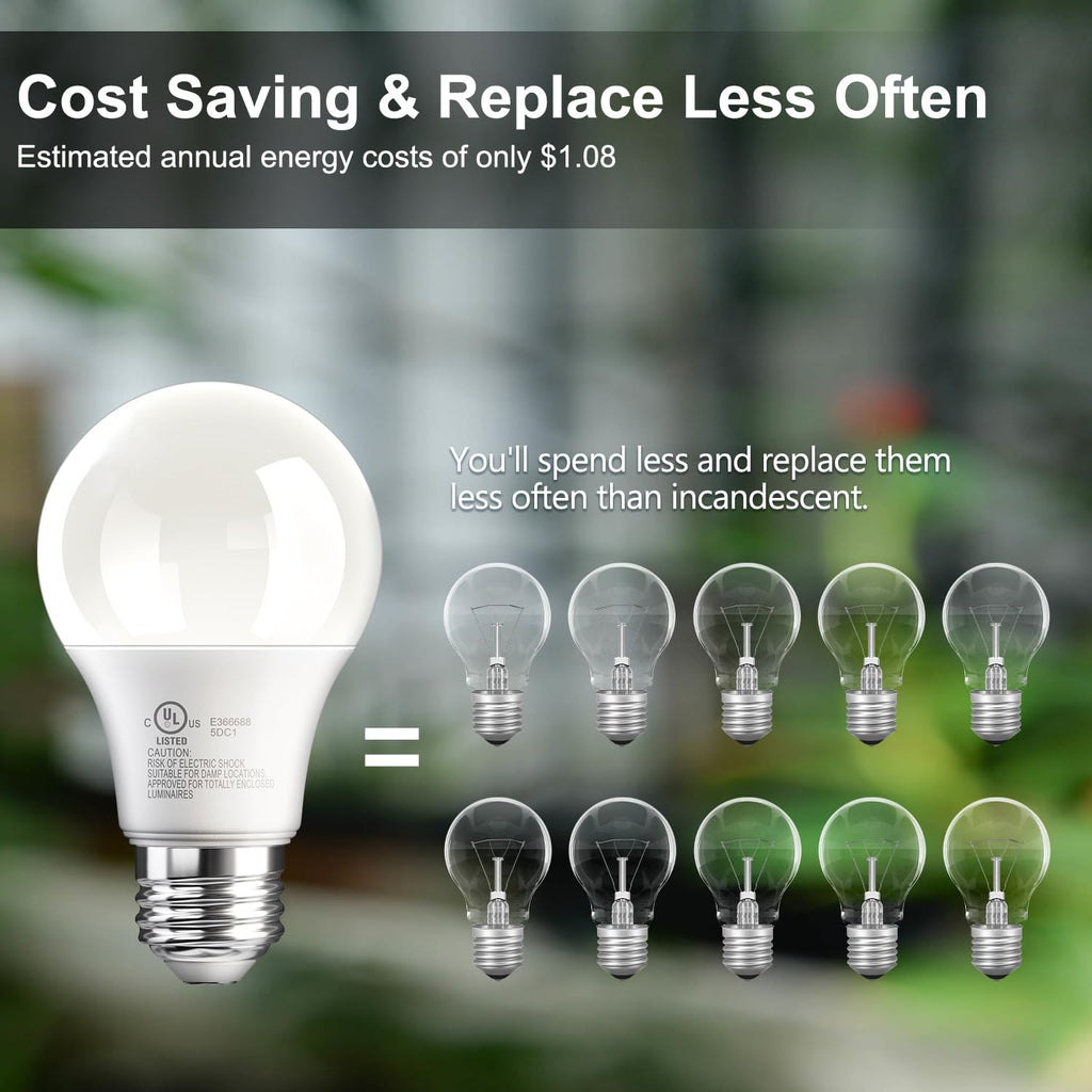 6 Pack A19 LED Light Bulbs, Soft Warm White 2700K, 60 Watt Eq,E26 Base