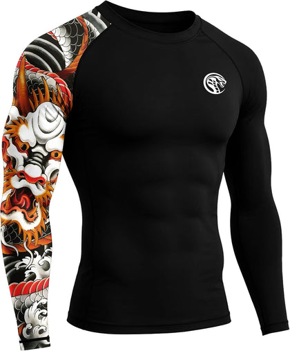 Men's UPF 50+ BJJ Rash Guard, Jiu Jitsu Long Sleeve Compression Shirts, MMA Athletic Base Layer Wrestling Grappling