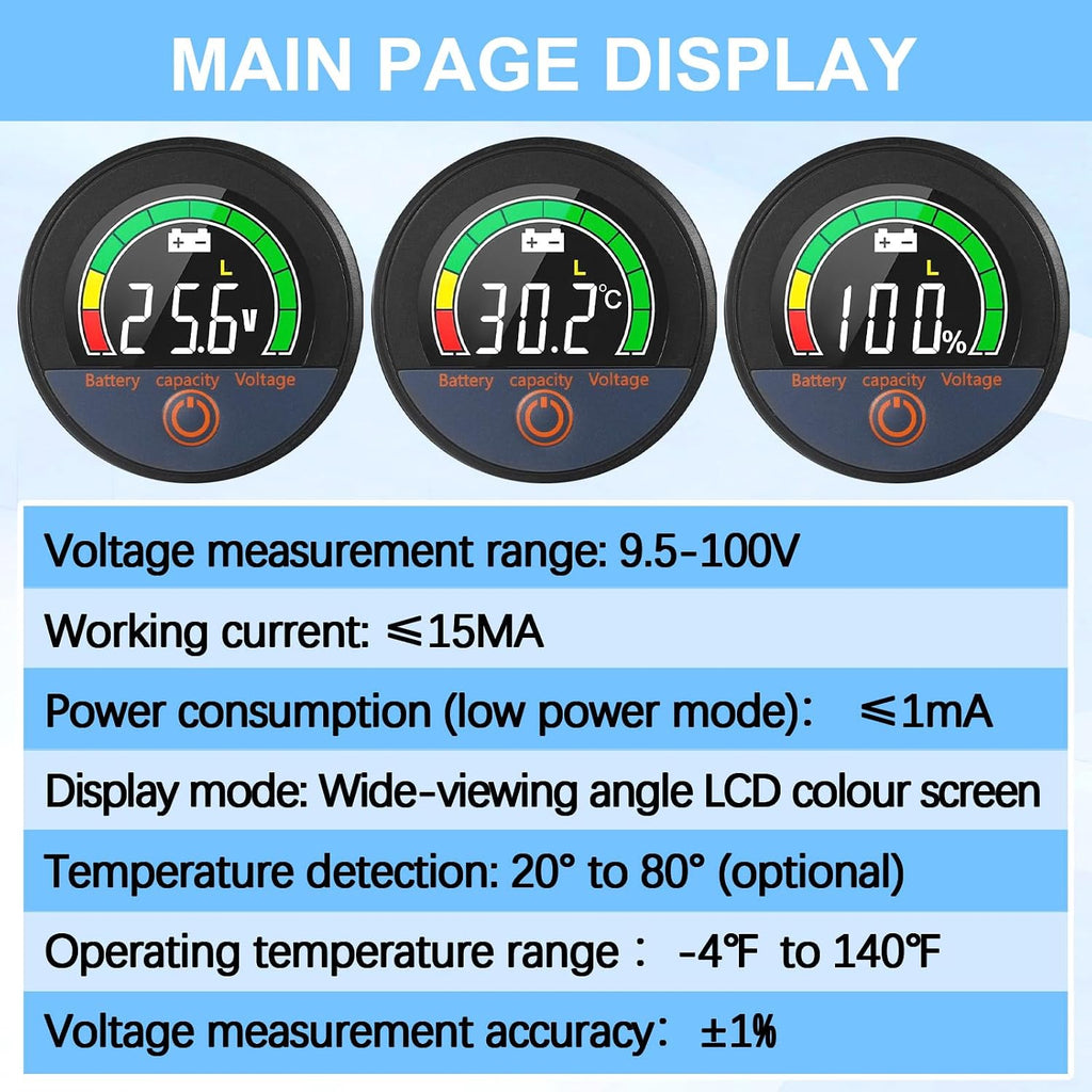 2 Set 12V 24V 48V 60V 84V Battery Monitor with Alarm LCD Digital Display Golf Cart Battery Meter Battery Voltage