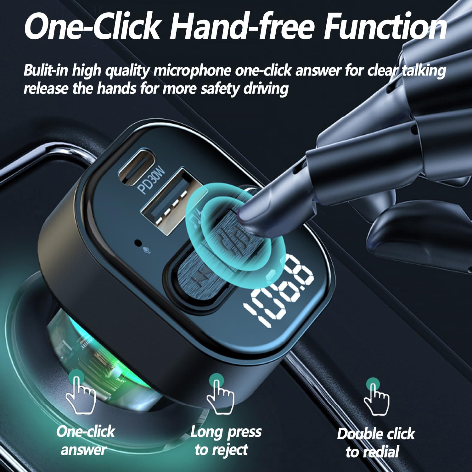 FM Transmitter Bluetooth Car Adapter, Wireless FM Radio Transmitter | FM Transmitter PD30W & QC3.0 Fast Charge