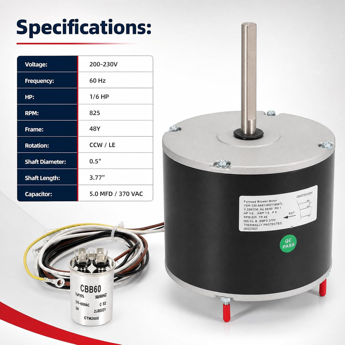 MOT18687 Condenser Fan Motor 1/6HP 825RPM 200-230V Compatible with Trane American Standard AC/Air Conditioner Replaces MOT12919 MOT10478 X70370246010