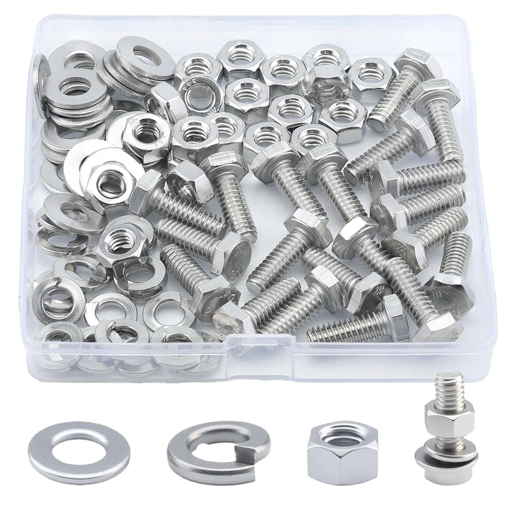 1/4-20x3/4 Hex Head Screw Bolt(20PCS), Lock Nuts,Flat & Lock Washers Kits,304 Stainless Steel 18-8,Fully Threaded.