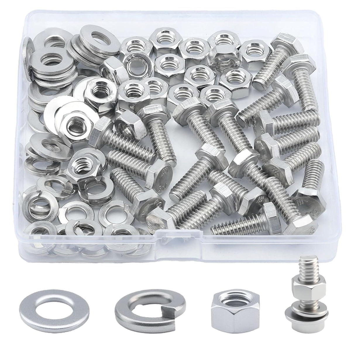 1/4-20x3/4 Hex Head Screw Bolt(20PCS), Lock Nuts,Flat & Lock Washers Kits,304 Stainless Steel 18-8,Fully Threaded.