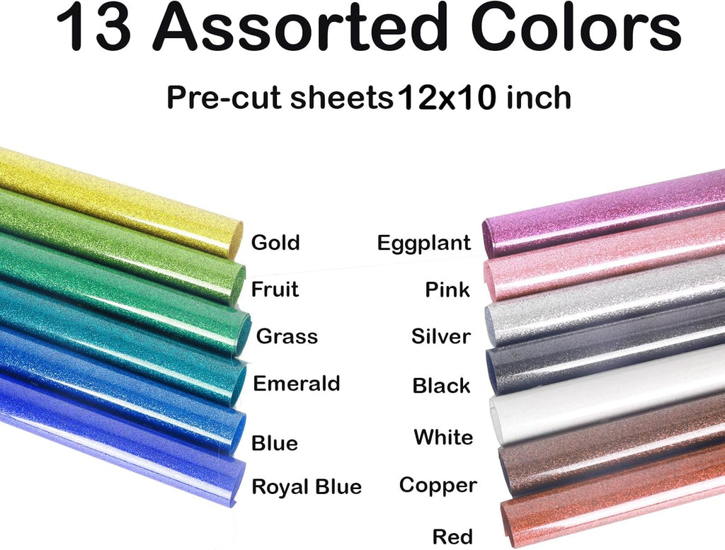Glitter Heat Transfer Vinyl for T Shirts, 12"x10"x13 PCS Glitter Assorted lron on,Outlast 50+ Washes, Assorted