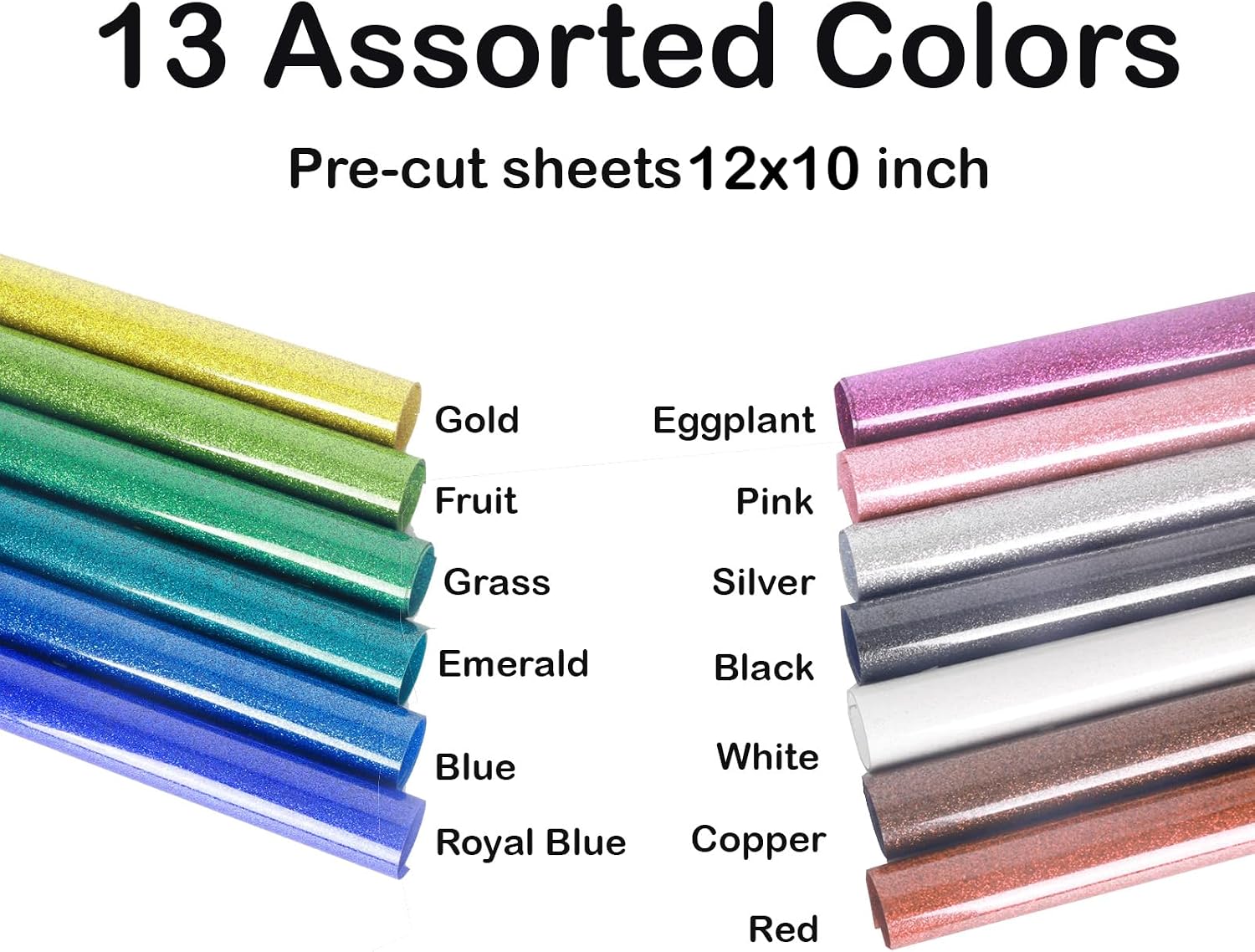 Glitter Heat Transfer Vinyl for T Shirts, 12"x10"x13 PCS Glitter Assorted lron on,Outlast 50+ Washes, Assorted