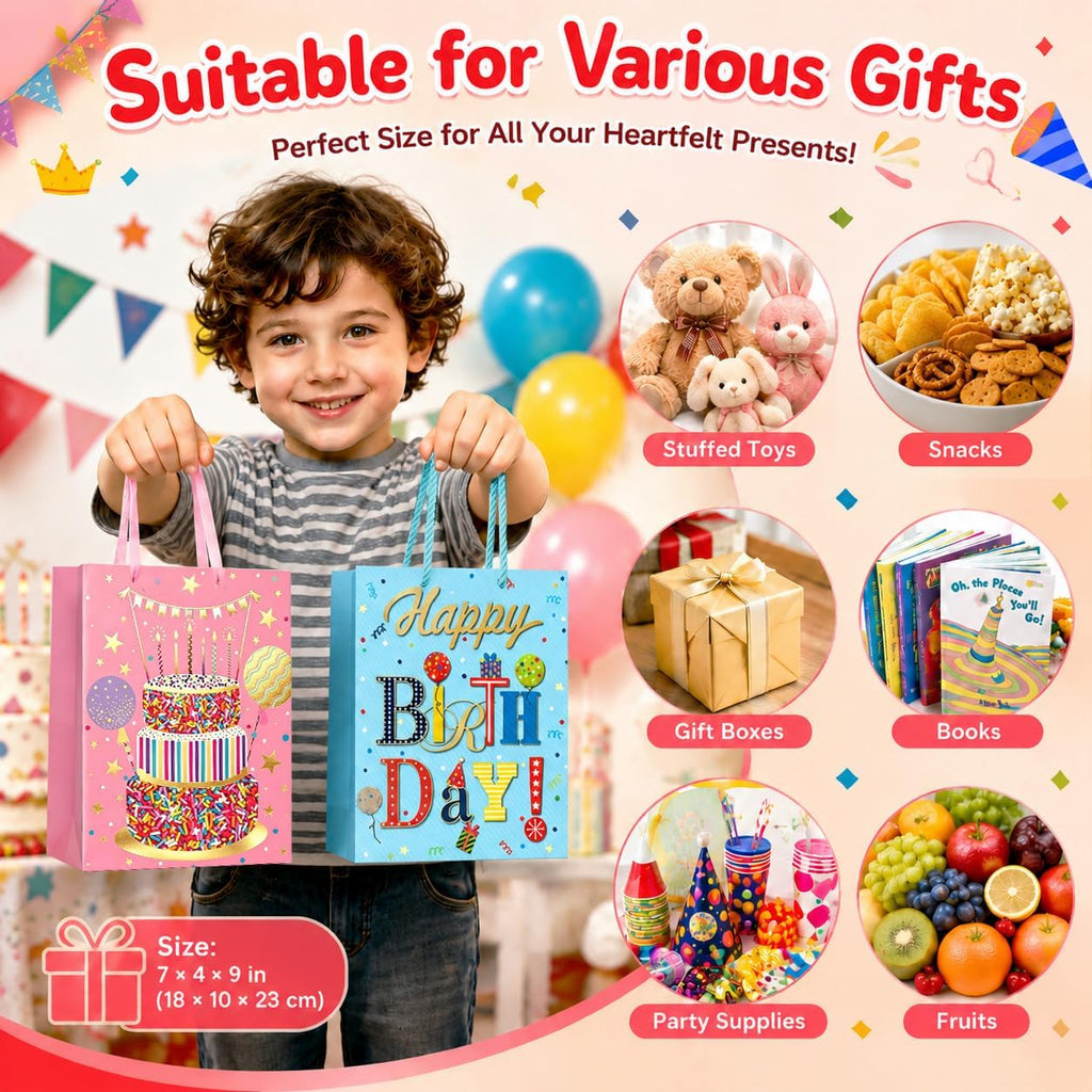 Small Birthday Gift Bags, 6 Pack, 9 x 7 x 4 Inch