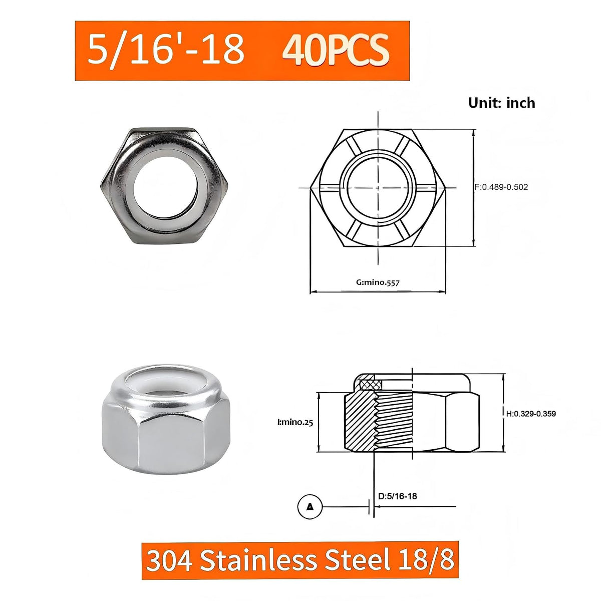 5/16"-18 Inch Locknuts,40PCS 304 (18-8) Stainless Steel Nylon Insert Lock Nuts,Standard Inch Thread Nylock Nuts