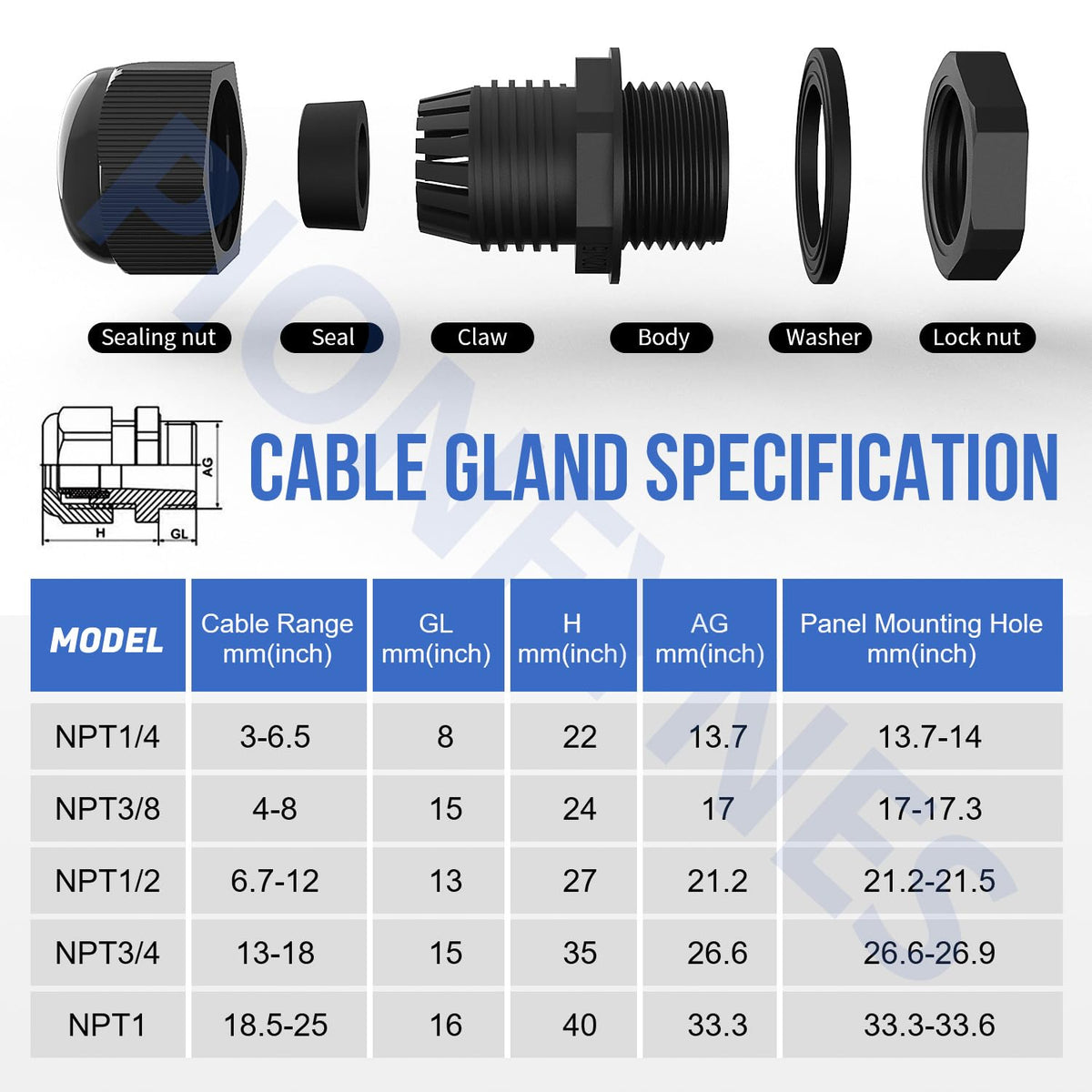 25PCS Cable Gland 3-25mm Waterproof Adjustable 1/4'', 3/8'', 1/2'', 3/4'', 1'' NPT Cable Gland Joints with Gaskets