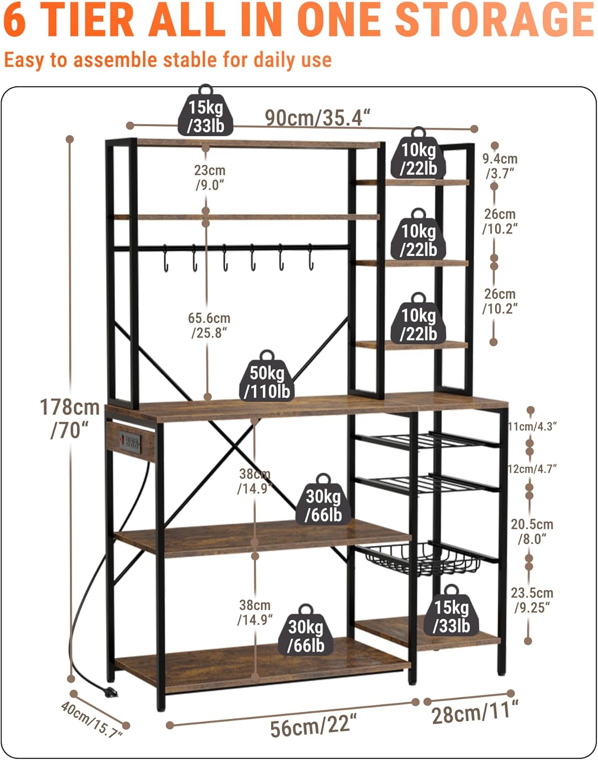 Bakers Rack with Power Outlets, 4-Tier Microwave Stand
