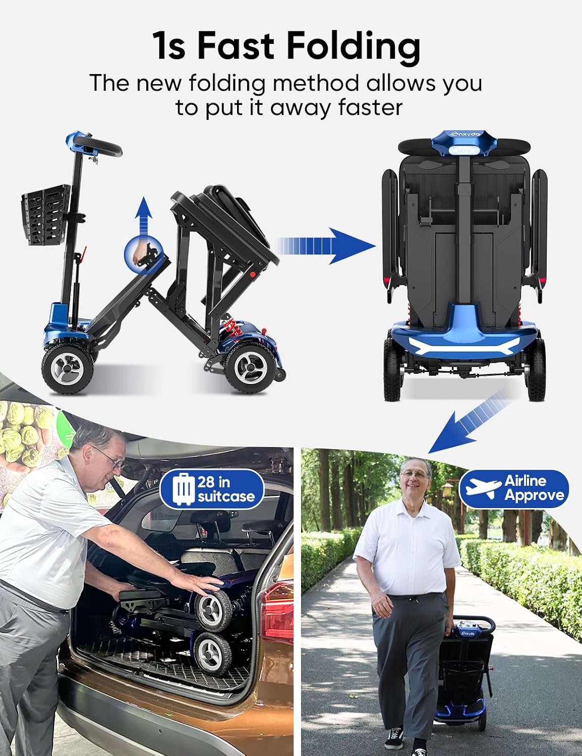 4-Wheel Folding Mobility Scooters for Seniors & Adults - 37.5lbs Light