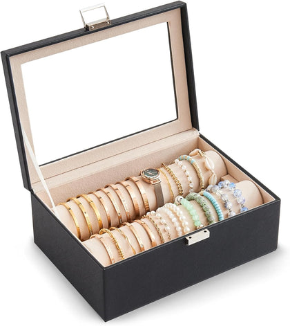 Bracelet Display Holder with Clear Lid -Black | Jewelry Organizer with 2 Velvet Display Rods, Perfect Storage Case