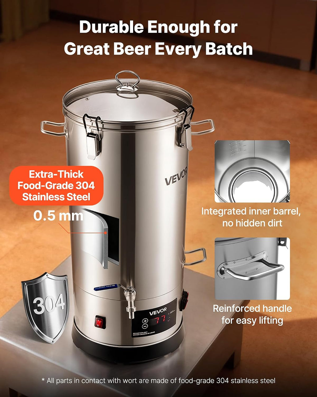 Beer Brewing Equipment, 8 Gal/30L 304 Stainless Steel Home Beer Brewer,1500W All-in-One Home Brewing Kit with Tall