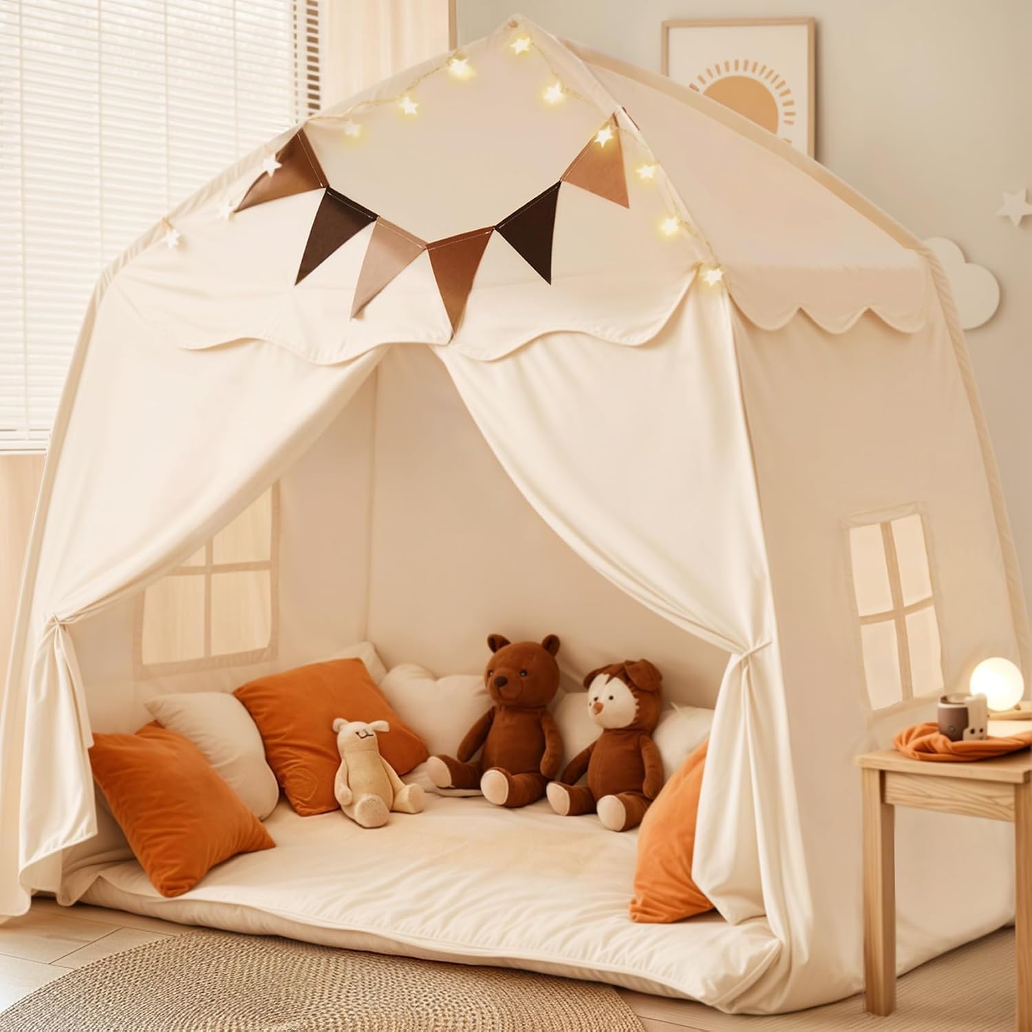 Extra Large Kids Play Tent with Flags & Star Lights, Portable & Foldable Teepee Tents, Dome Tent Playhouse for Indoor