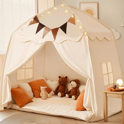 Extra Large Kids Play Tent with Flags & Star Lights, Portable & Foldable Teepee Tents, Dome Tent Playhouse for Indoor
