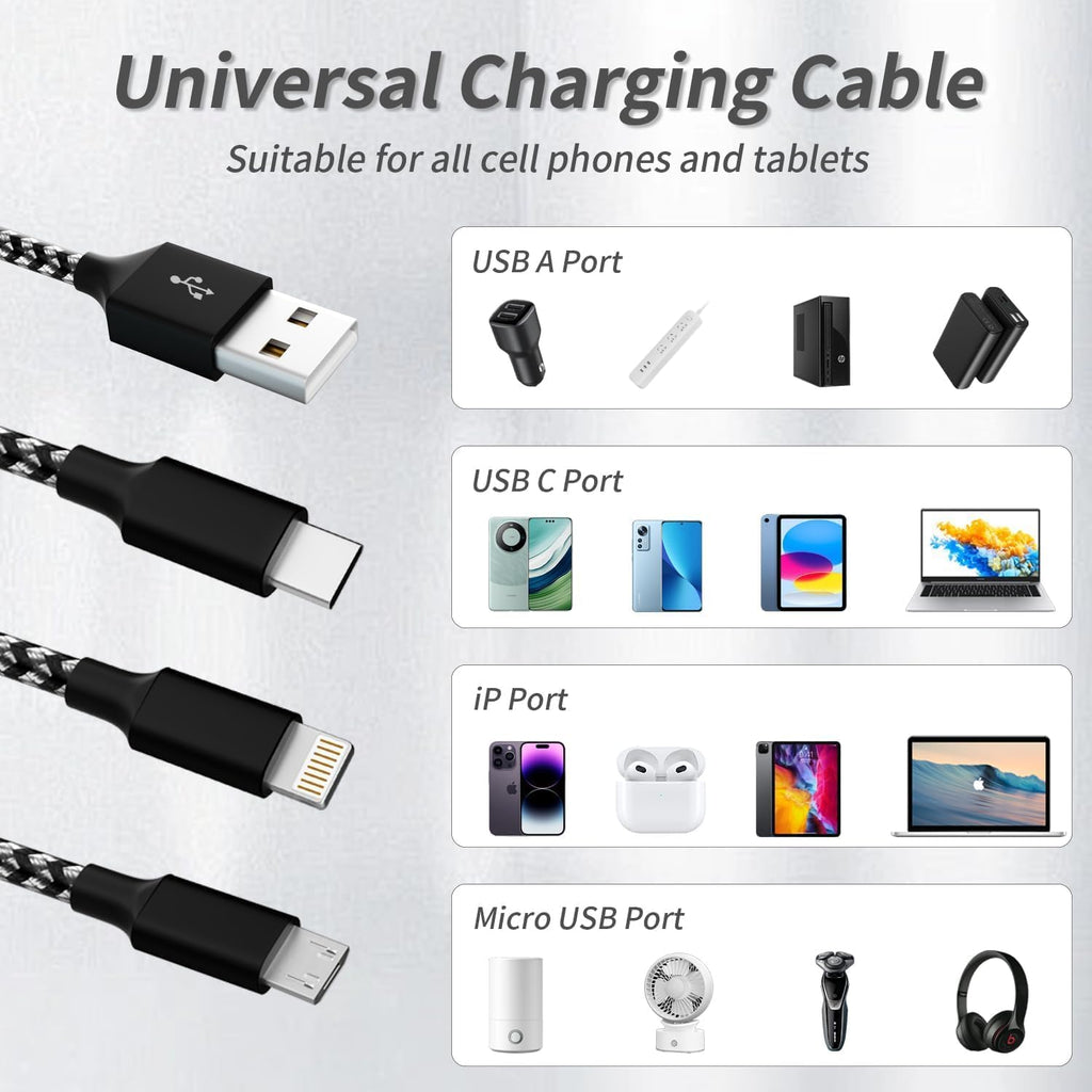 Multi Charging Cable(2Pack 4FT), 3 in 1 USB Charging Cable for Multiple Devices, Braided Universal Phone Charger Cord