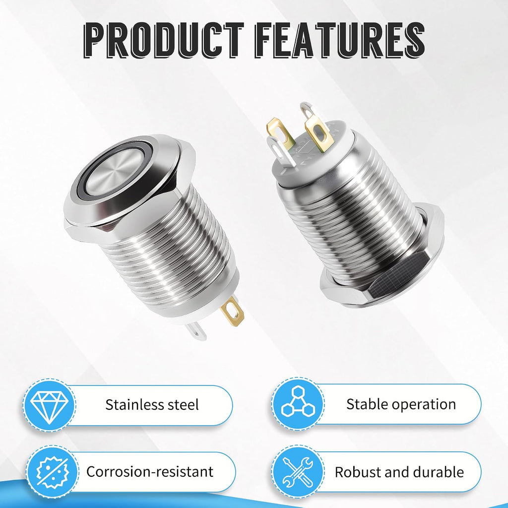 12mm Momentary Push Button, 3-6V, O Shape White LED, 304 SS