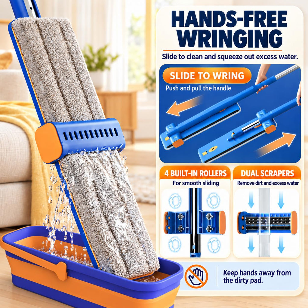 16.5" Self Wringing Flat Mop and Collapsible Bucket Set