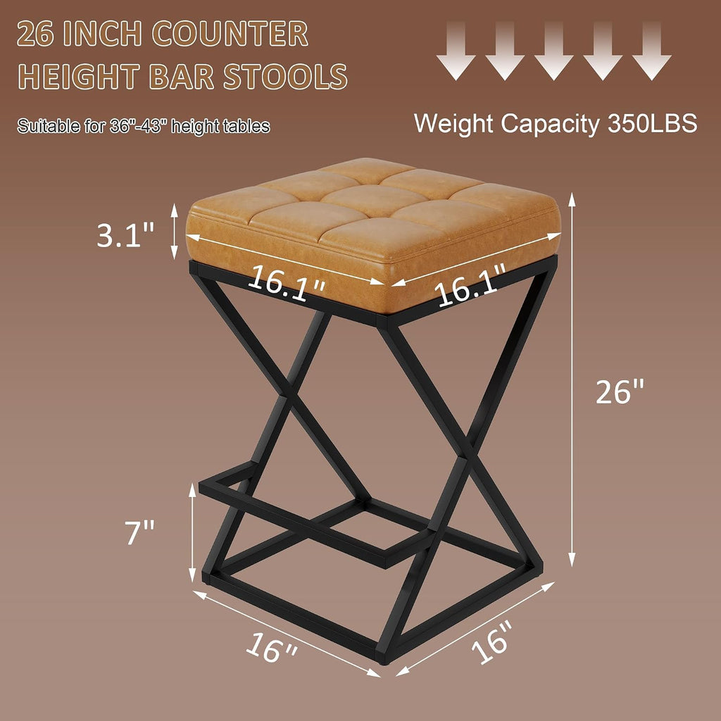 Backless Bar Stools Set of 2, 26 Inch Counter Barstools, PU Brown