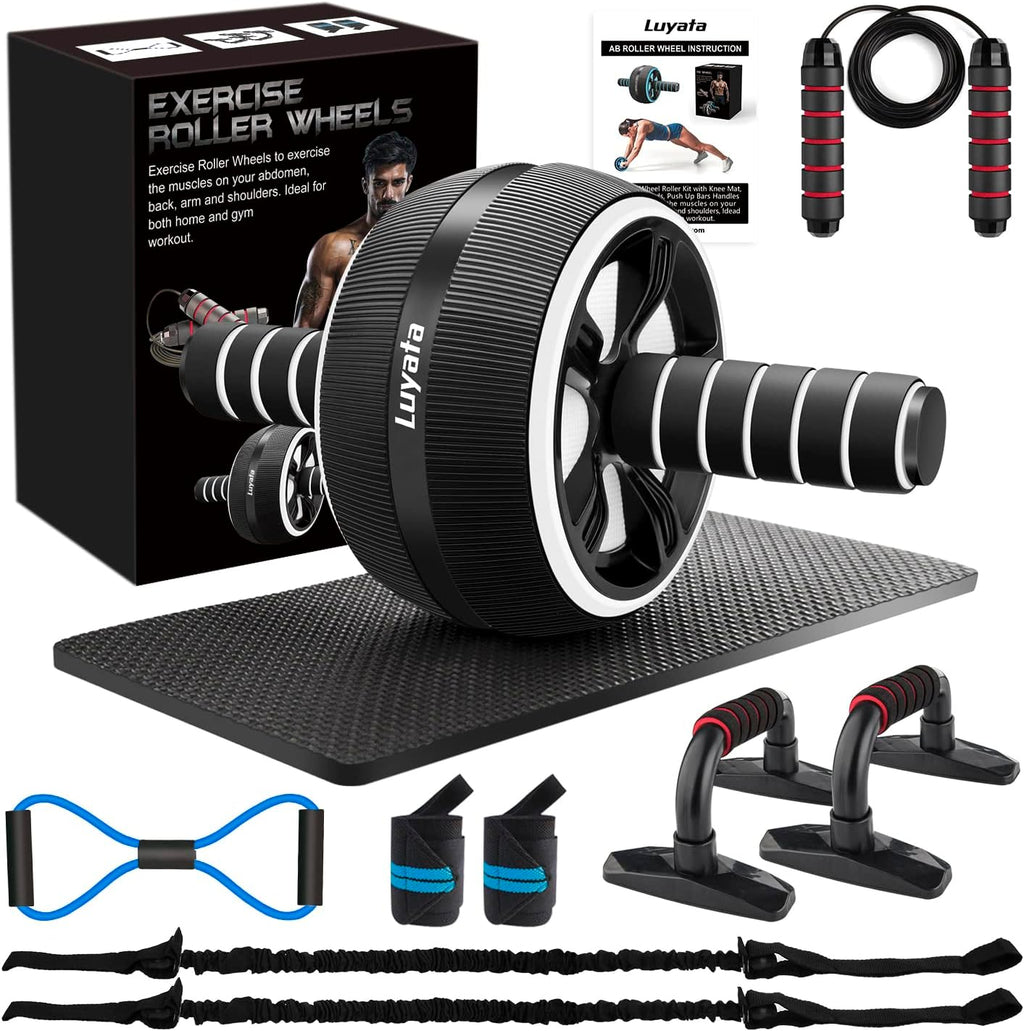 Ab Roller Wheel, 10-In-1 Ab Exercise Wheels Kit with Resistance Bands, Knee Mat, Jump Rope, Push-Up Bar - Home Gym