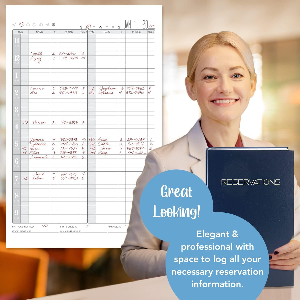 Restaurant Reservation Book, Blue, Hardbound, 408 Pages