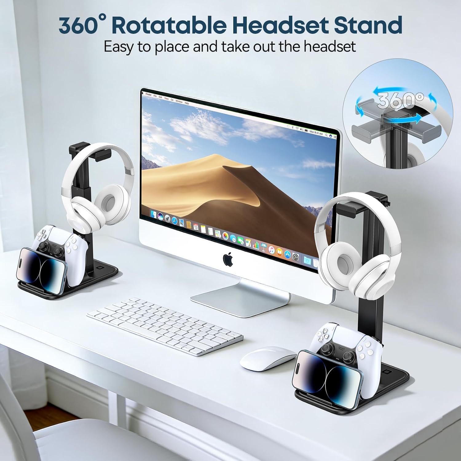 Gaming Headset & Controller Stand, Rotating Headphone Storage with Controller & Phone Holder, Game Desk Storage with