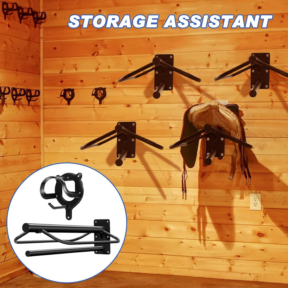 12 Pack Saddle Rack Wall Mount with Pad Bar Horse Bridle Rack Metal Bracket Bridle Hooks Detachable Portable Saddle