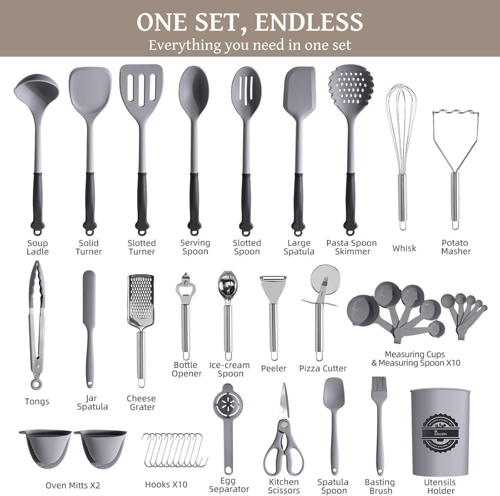 43Pcs Large Kitchen Utensils Set - Silicone Cooking Utensils Set, Dishwasher Safe Spatula Set for Non-stick Cookware