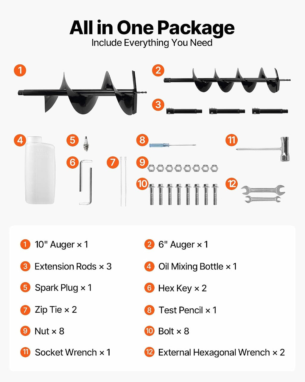 Gas Powered Post Hole Digger, 52cc Post Hole Auger with 6" & 10" Bits, 3 Extension Rods, 1450W Heavy-Duty Earth Auger