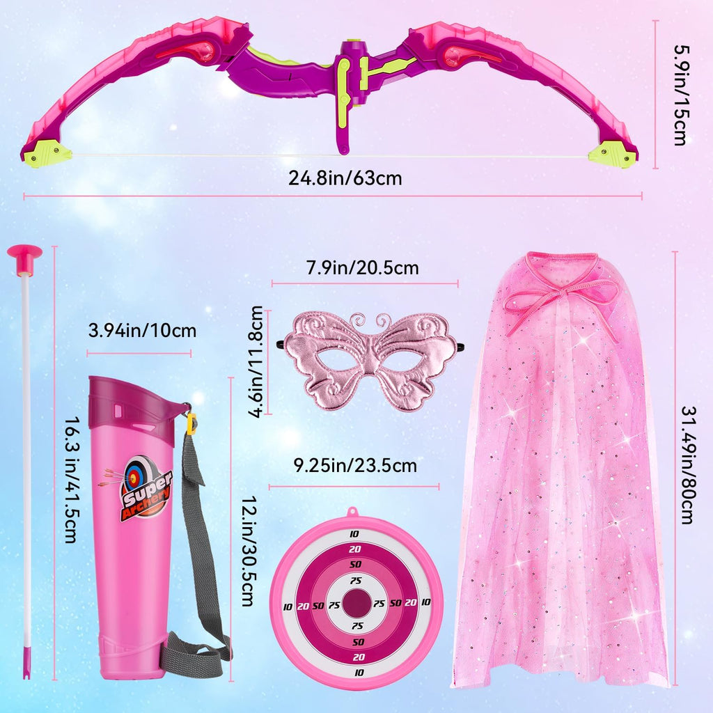 Bow and Arrow for Kids 3-8 Years Old | LED Light Up Archery Set with Princess Cape and Butterfly Mask, 10 Suction Cup