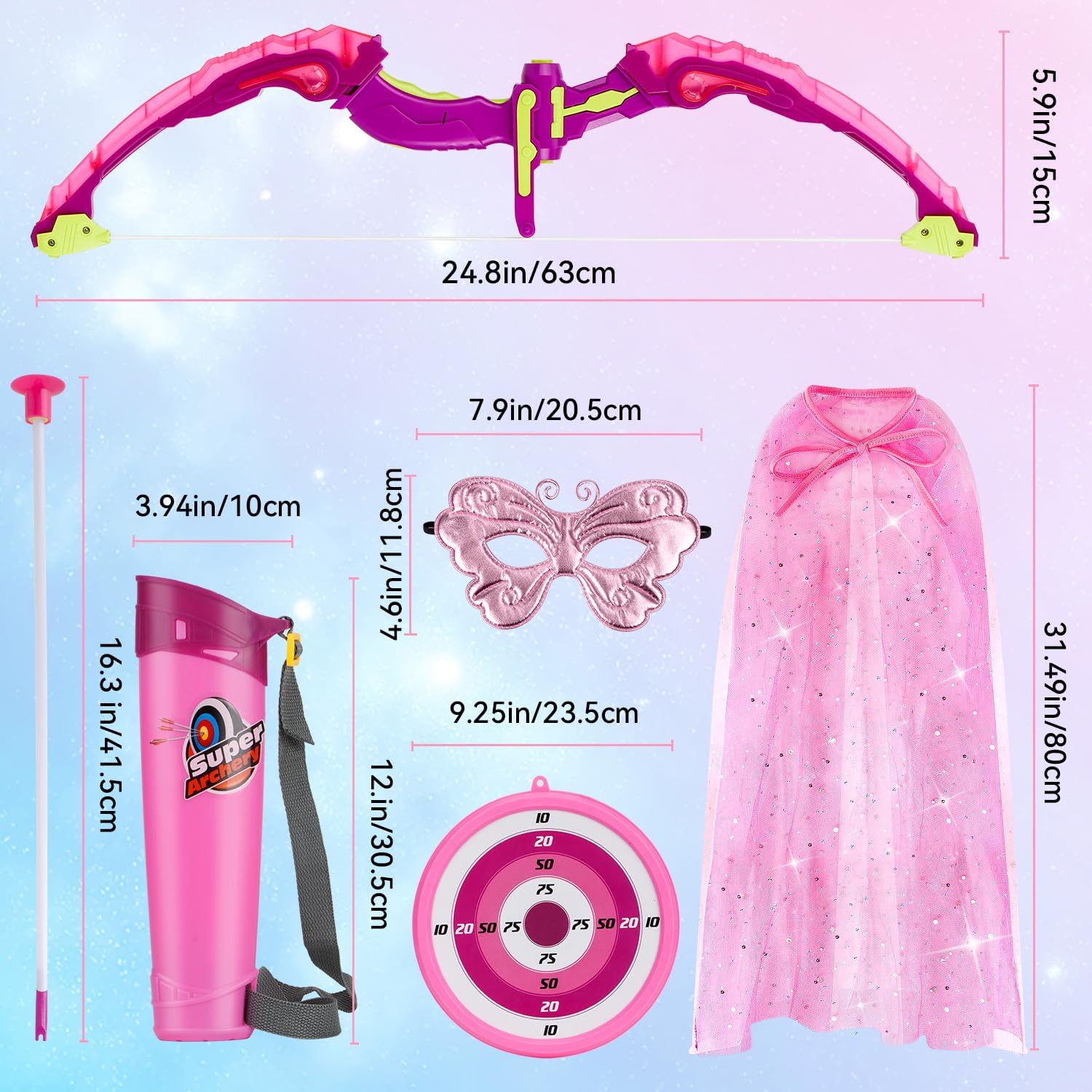 Bow and Arrow for Kids 3-8 Years Old | LED Light Up Archery Set with Princess Cape and Butterfly Mask, 10 Suction Cup
