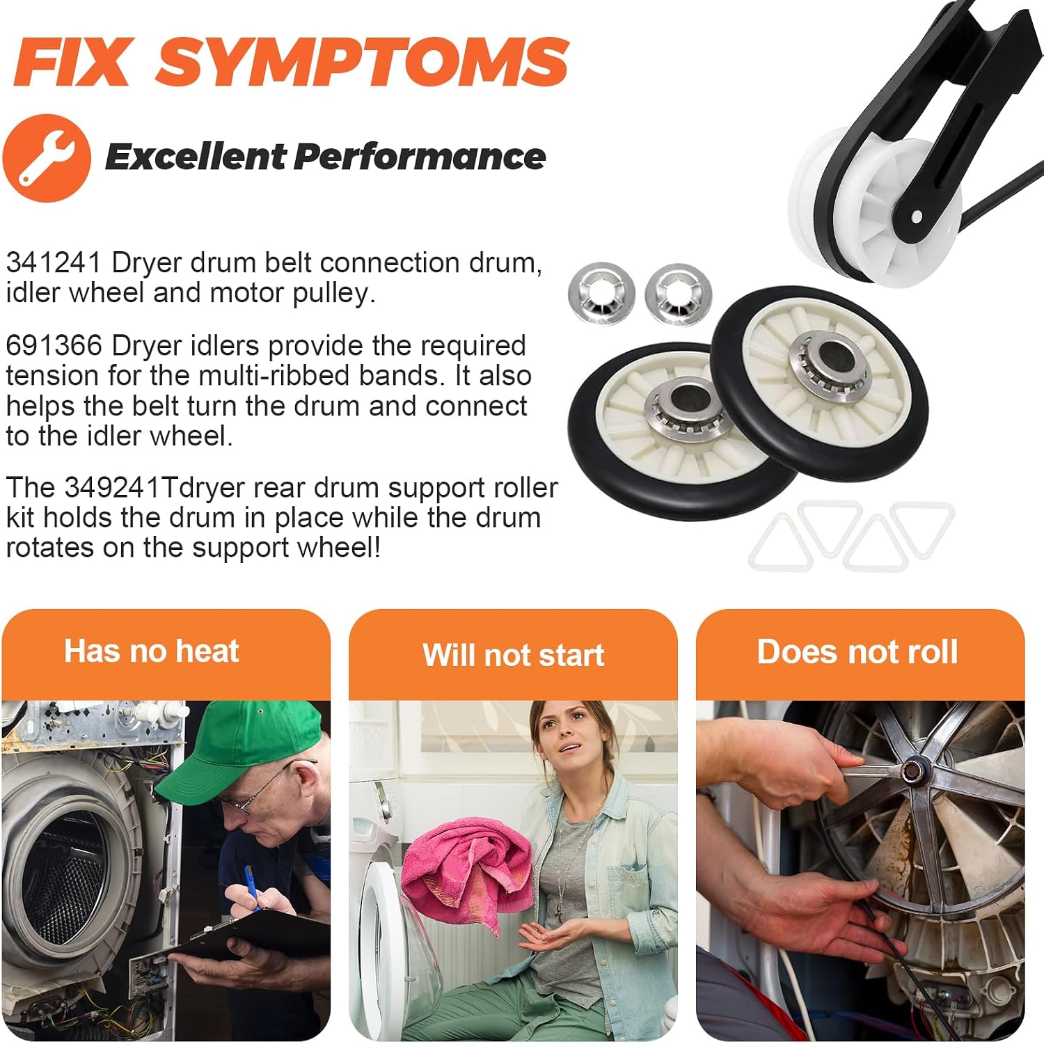 2026 Upgraded 4392065 Dryer Repair Kit by Beaquicy - Include 341241 Dryer Belt, 349241T Drum Roller Kit, 691366 Idler