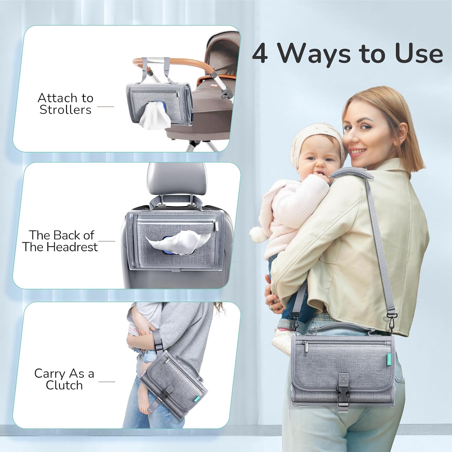 Portable Diaper Changing Pad with Shoulder Strap, Detachable Travel Changing Pad with Baby Wipes Pocket, Gifts for