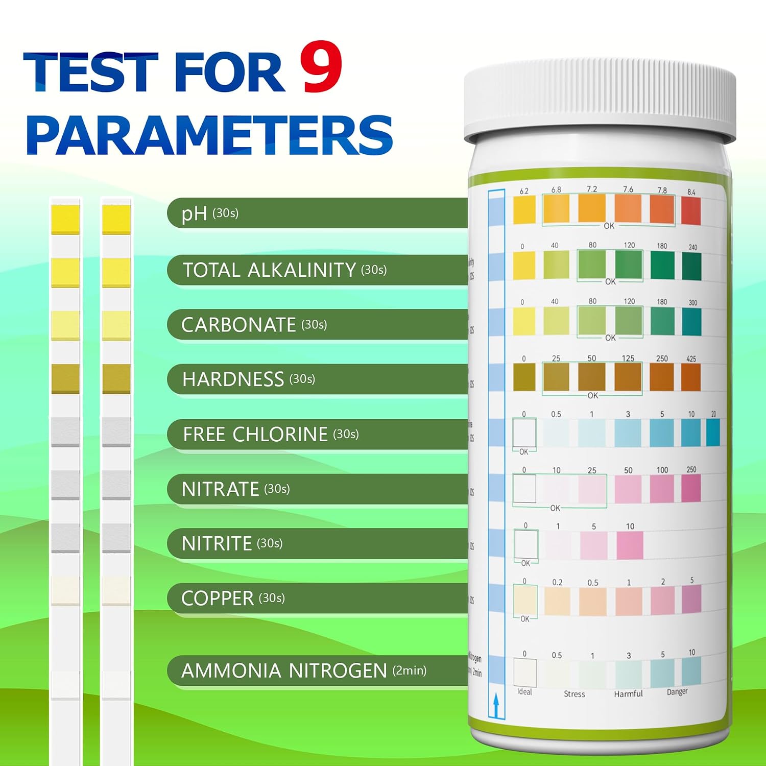 Aquarium Ammonia Test Strips Kit Fish Tank Test Strips (9-Way) | Pond Water Testing Kit for Freshwater Saltwater