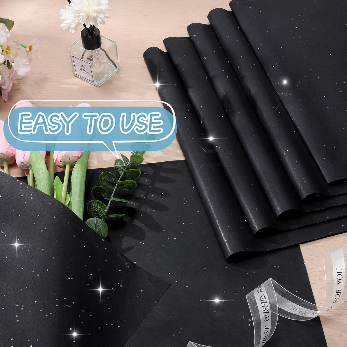 135 Sheets Black Tissue Paper for Gift Bags 20 x 14 Inch Glitter