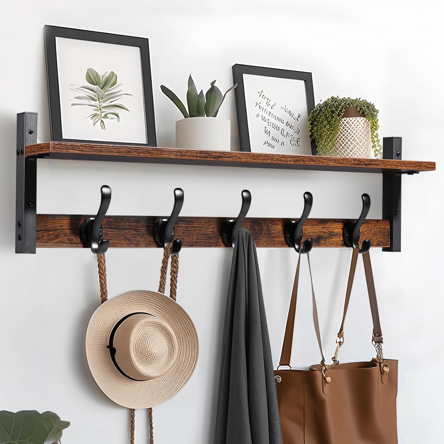 29" Rustic Coat Rack Wall Mount with Shelf, Entryway Wall Hooks with Shelf, Coat Hangers for Bathroom, Living Room